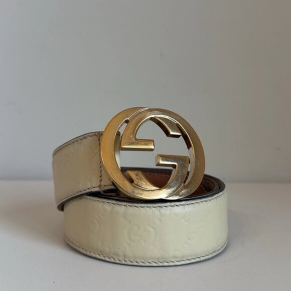 Authentic Gucci Cream Guccissima Leather Gold Interlocking G Buckle Belt 80/32 - Picture 11 of 12